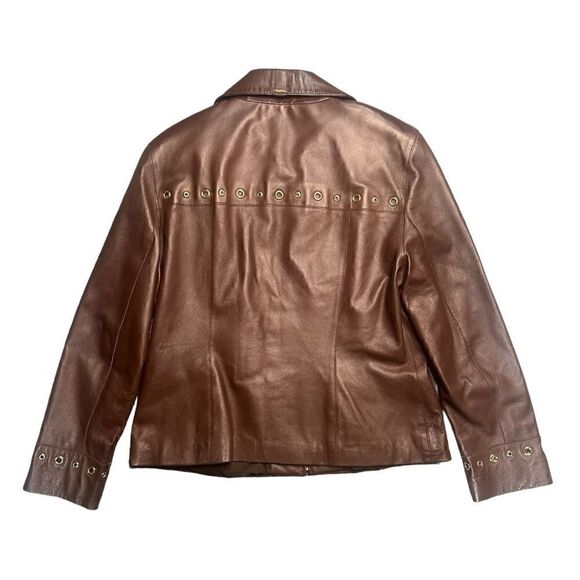 St John Sport Brown & Gold Grommet Detail Y2K 90’s Leather Jacket Size Medium - Picture 4 of 8